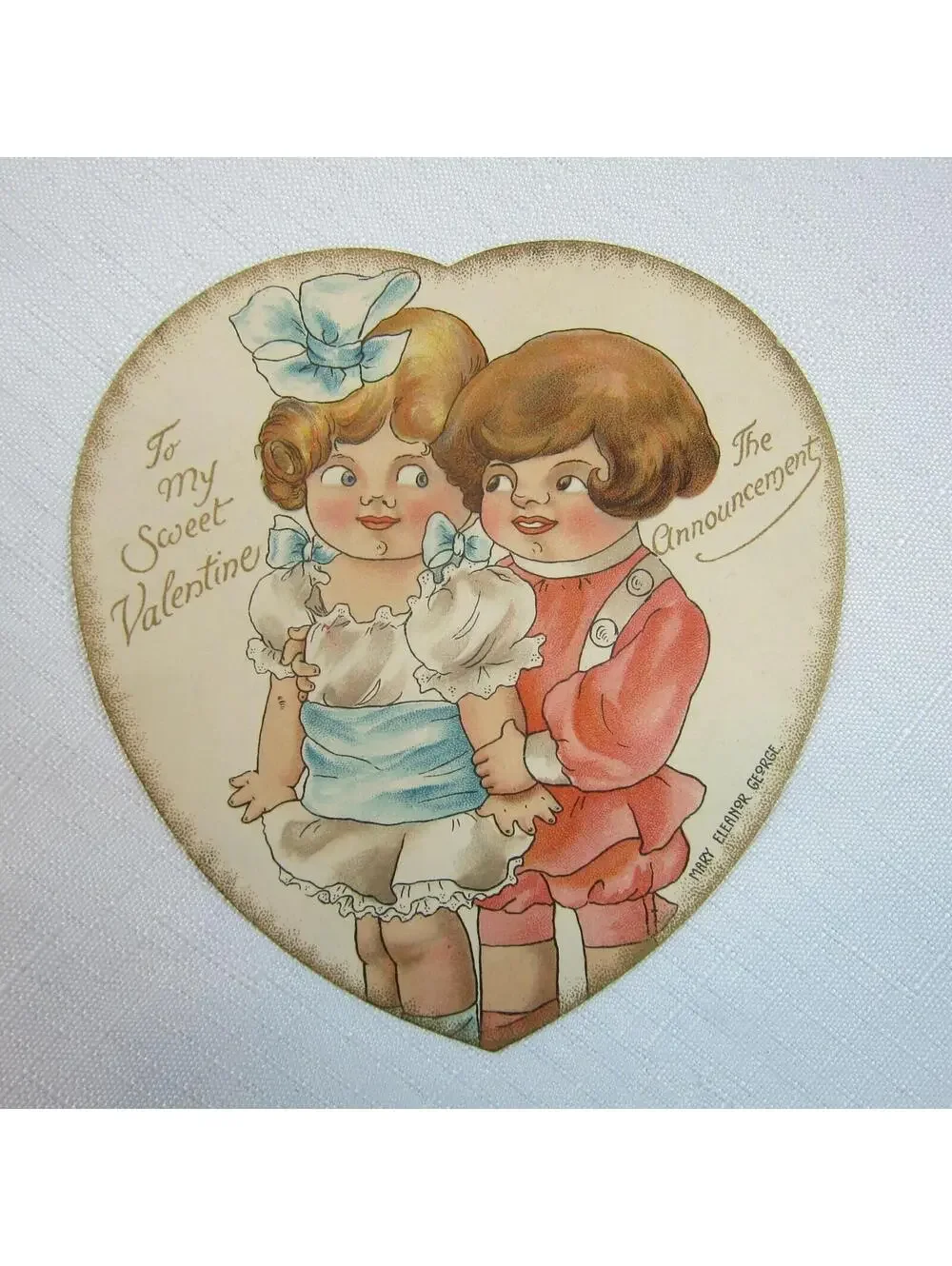 Vintage Valentine 1920s Nister Card Boy & Girl Heart Mary Eleanor George Bavaria